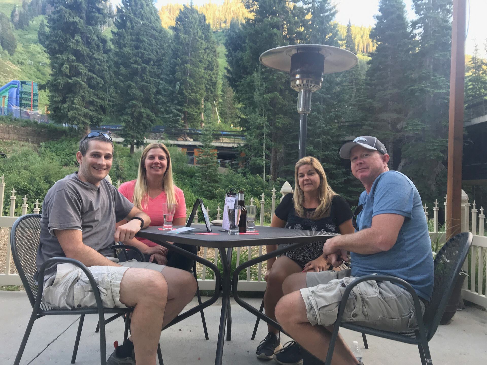 All of us relaxing on the Tram Club patio at Snowbird Ski Resort