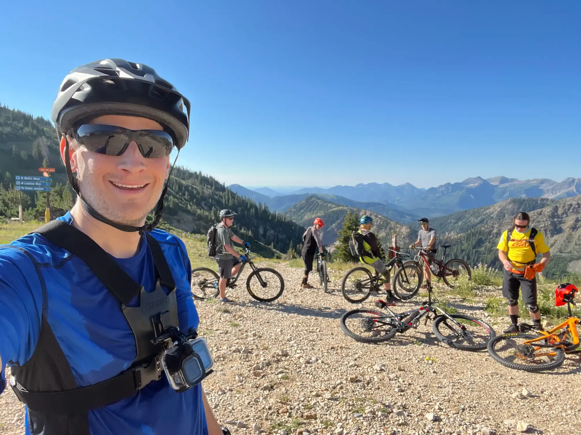 Keith is riding mountain bikes with a group of his new friends
