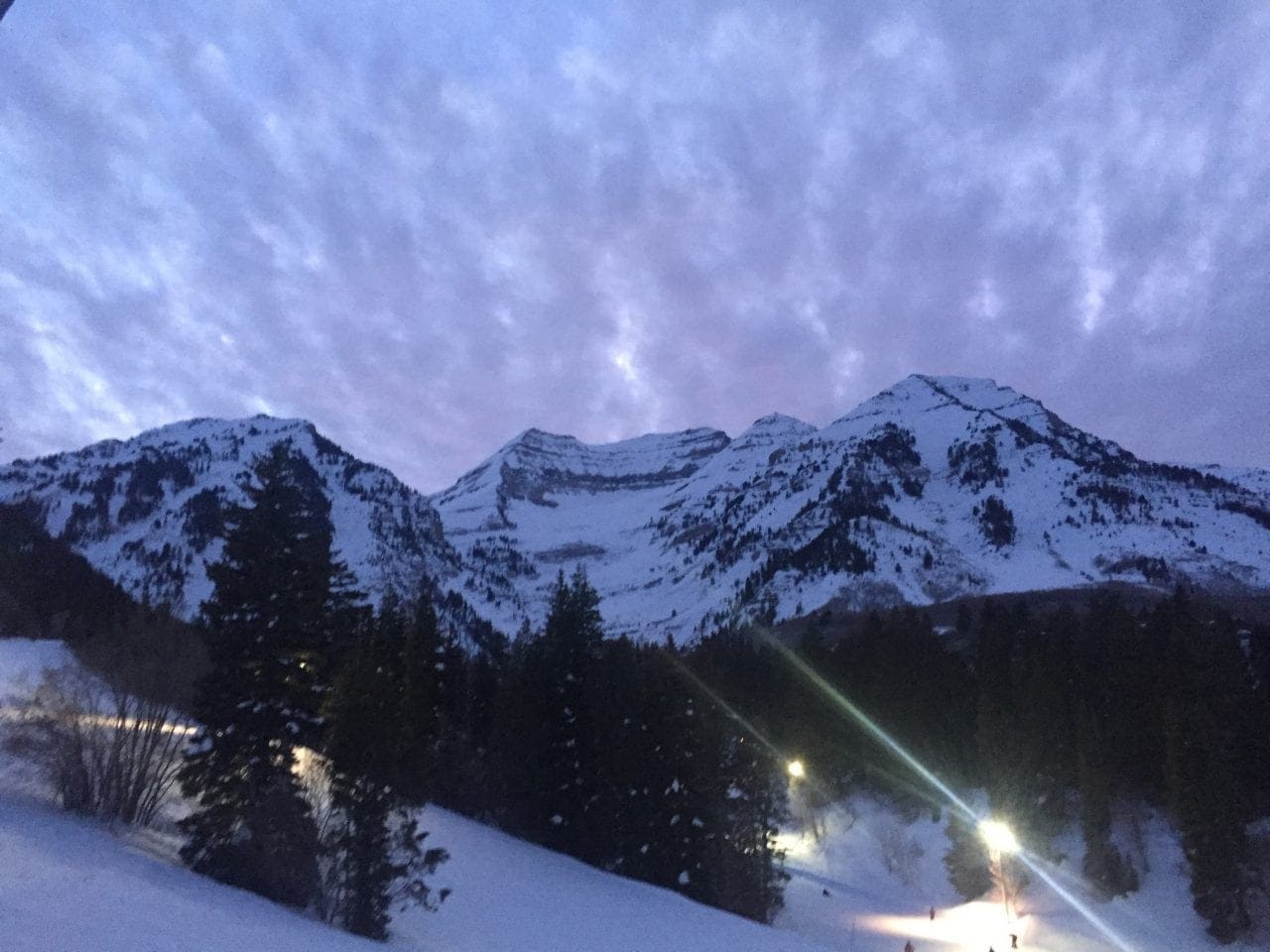 Dramatic winter view of Mount Timpanogos while night skiing