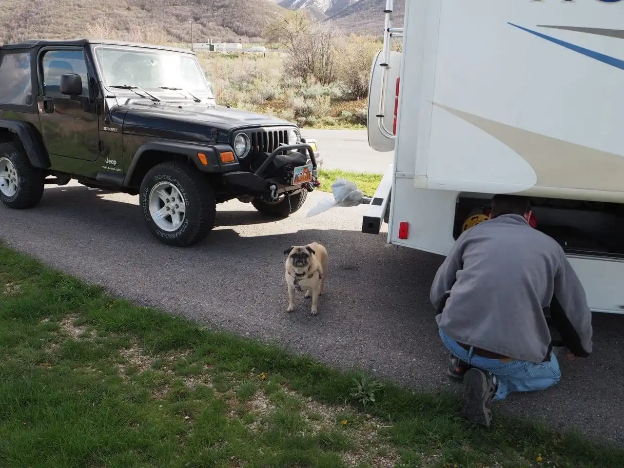 Lexi helping Keith with some motorhome chores