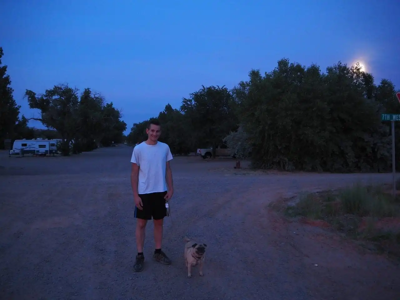 Keith and Lexi on an evening stroll through the campground