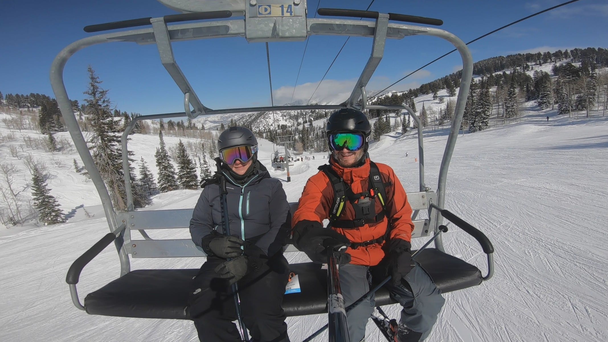 Lindsey and Keith riding the chairlift at Powder Mountain Ski Resort