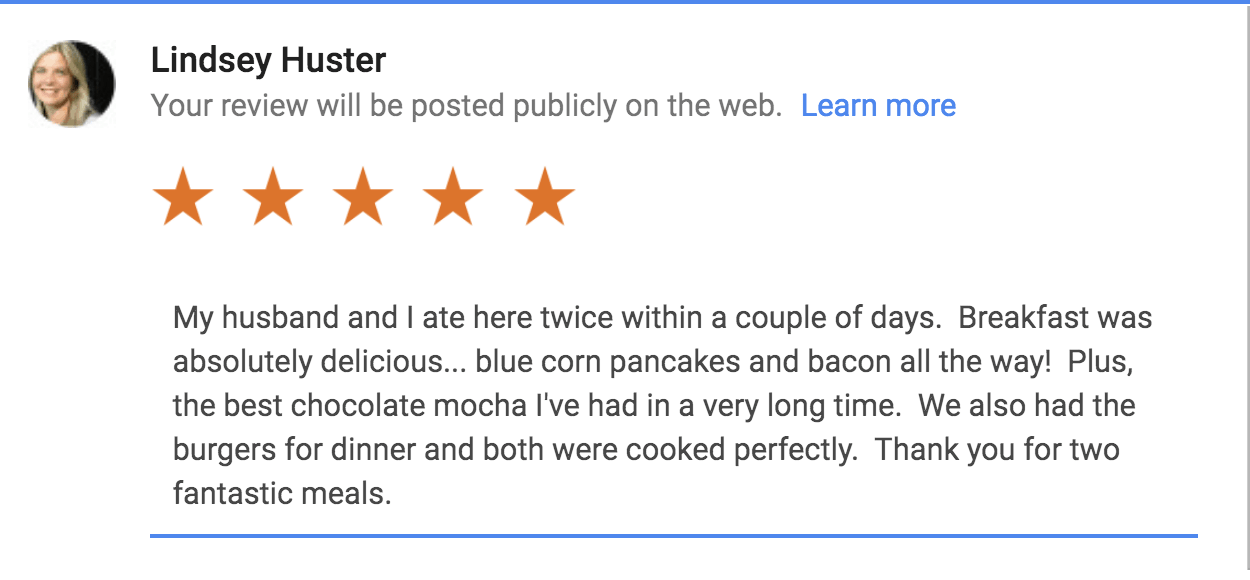 Lindsey gave the restaurant a five-star review!