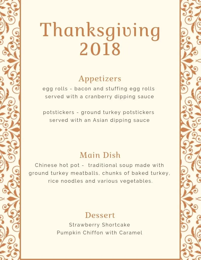 The menu card for Thanksgiving 2018