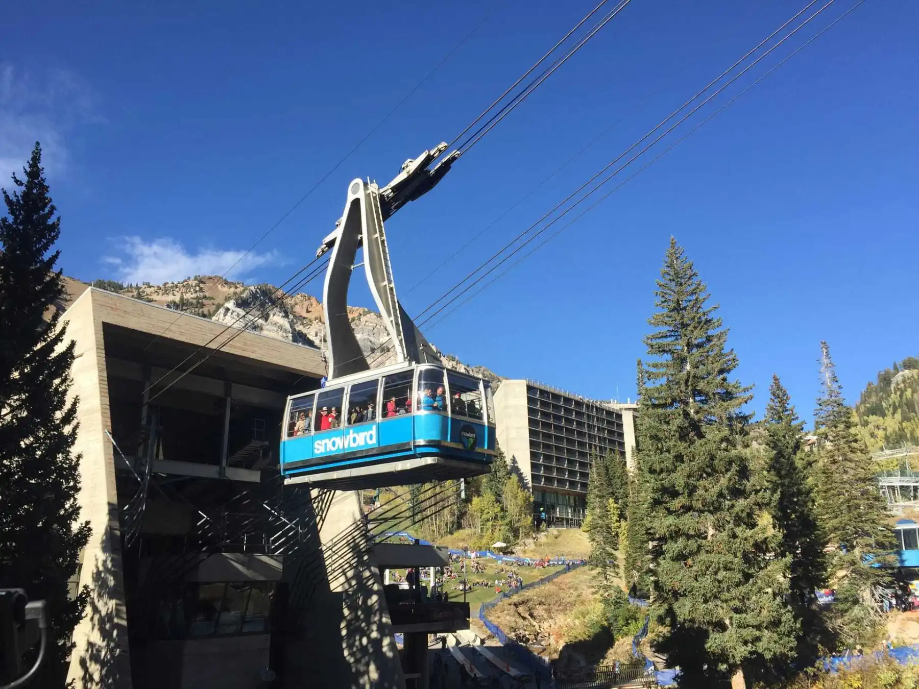 The Snowbird tram pulling out of the base area