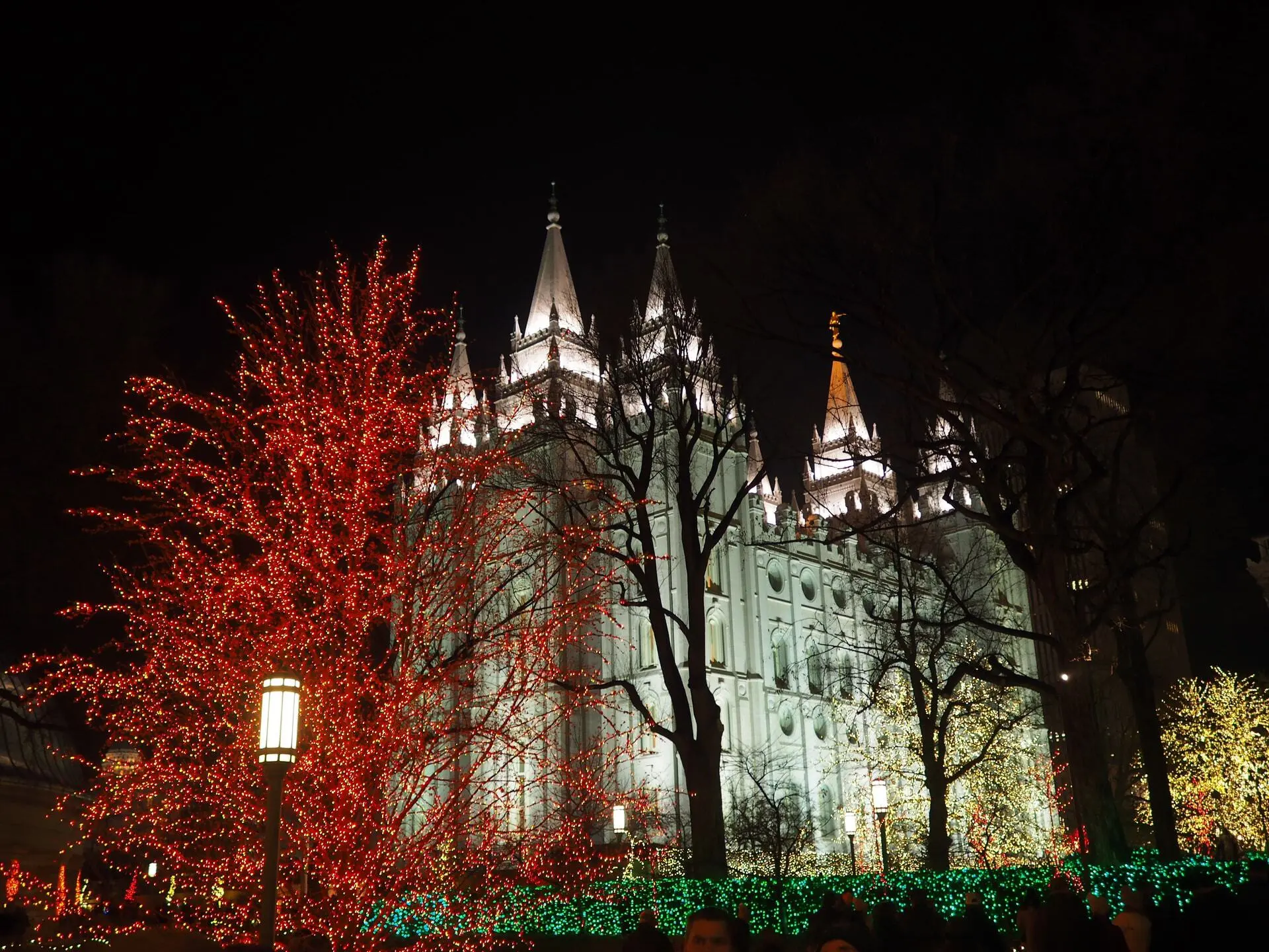 Temple Square is lit up with Christmas lights