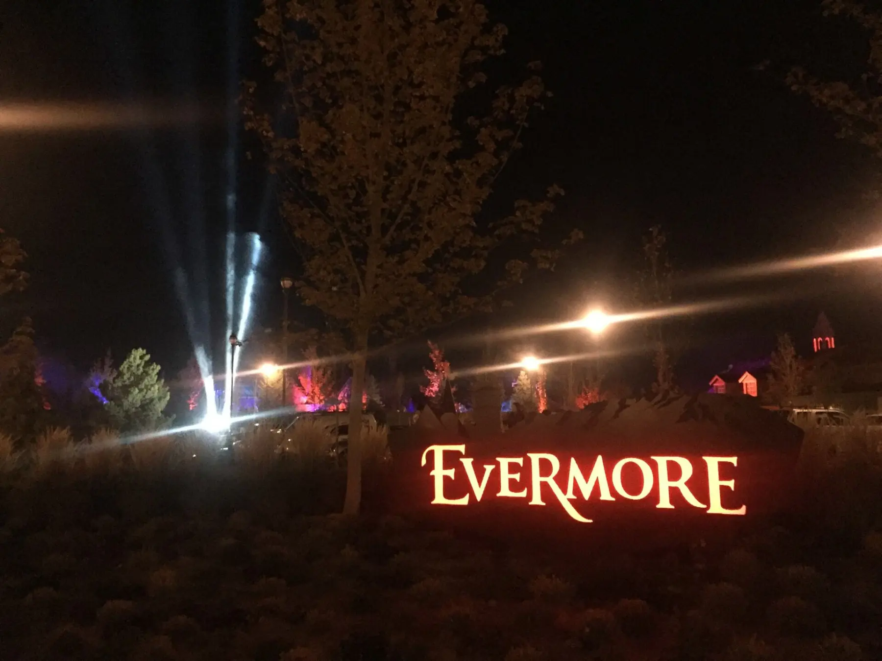 The "Evermore" sign lit up at night