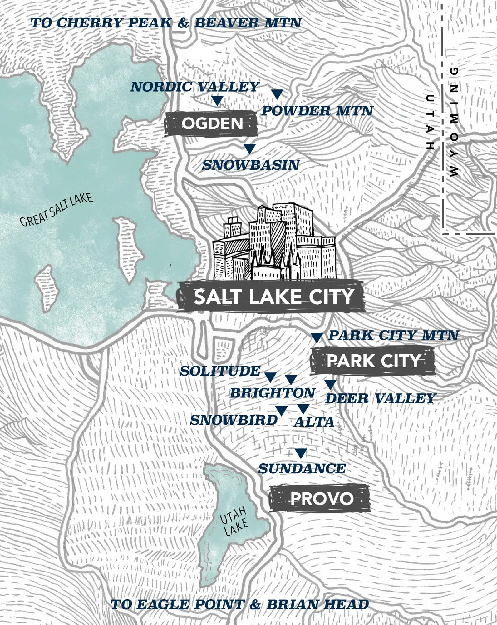 Map of the ski areas near Salt Lake City, UT