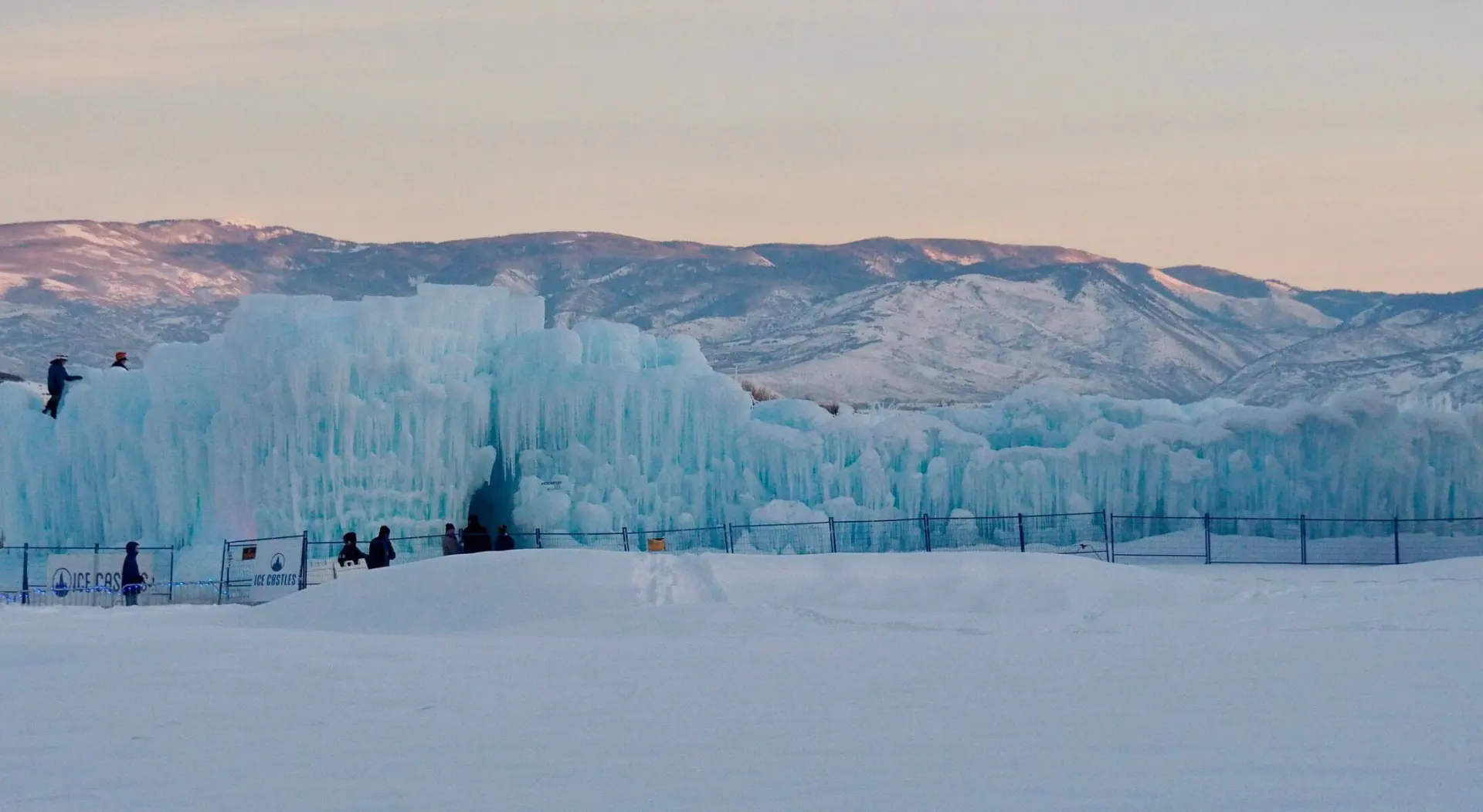 A panoramic view of the ice castles in Midway, UT