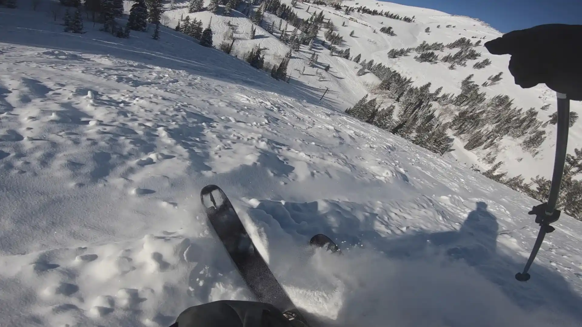 Keith is hitting some of the steeper off-piste runs at Powder Mountain