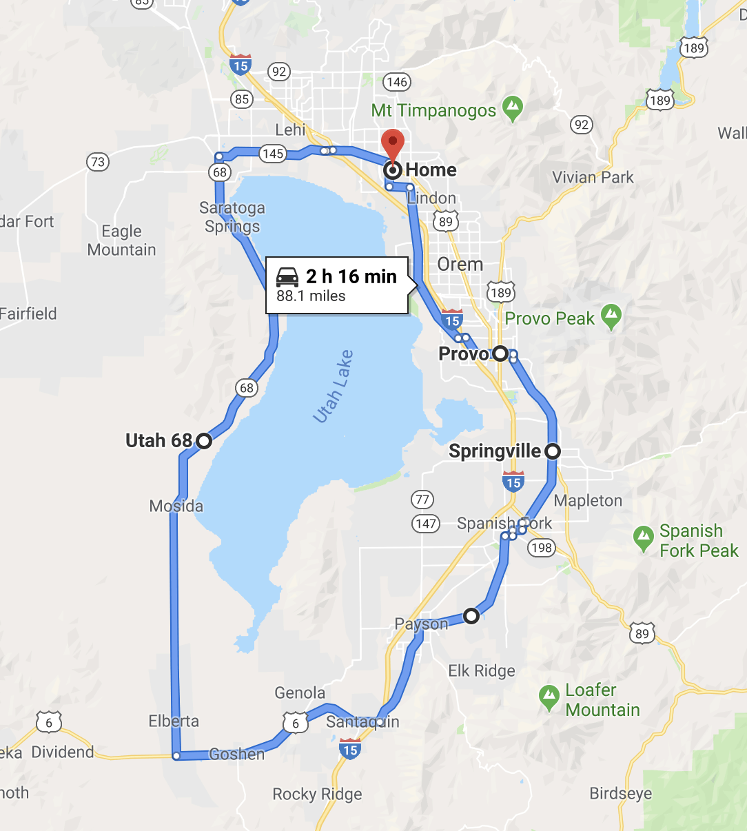 Map of our drive around Utah Lake