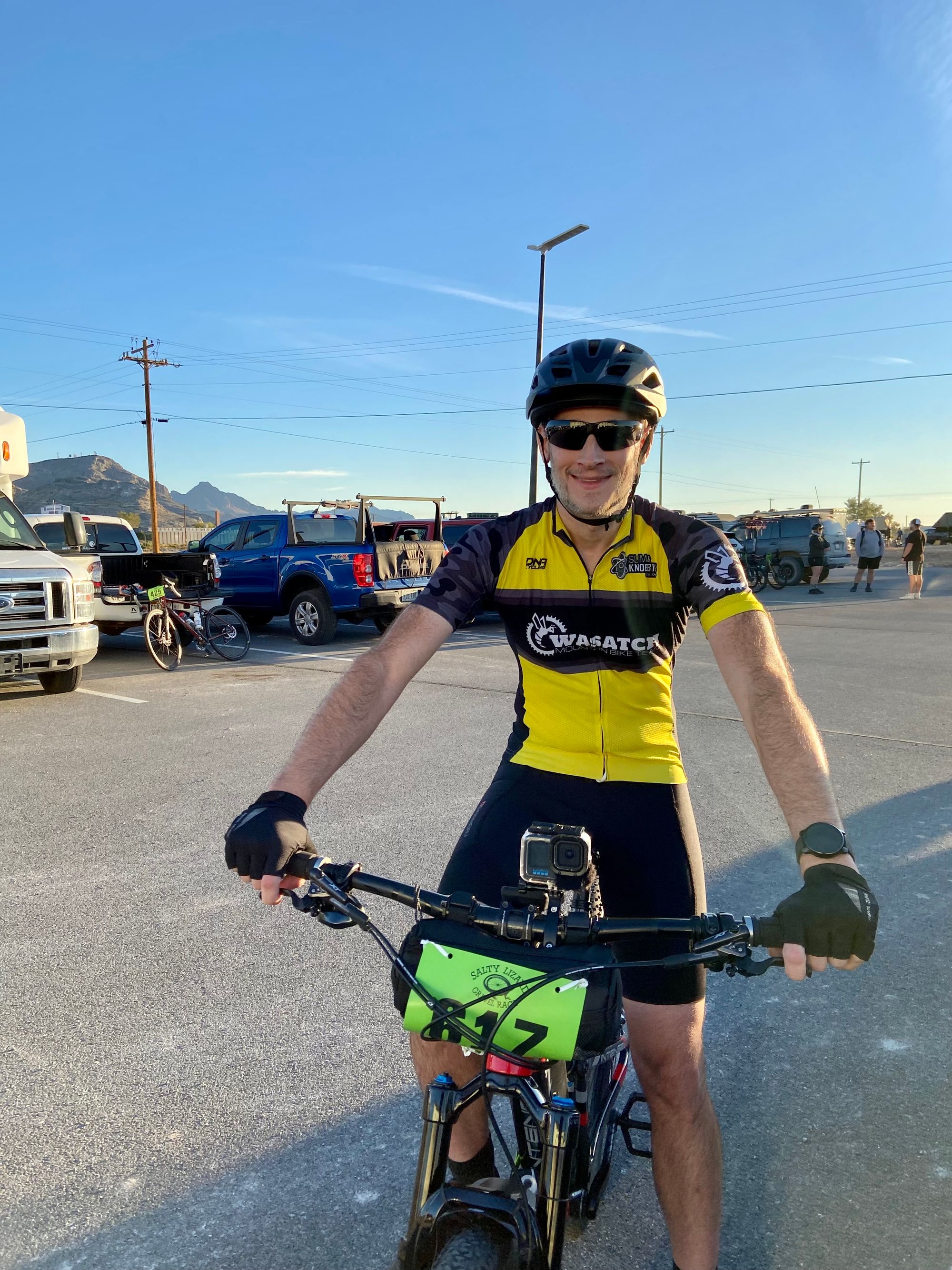 Keith is sitting on his mountain bike, ready to start the race!