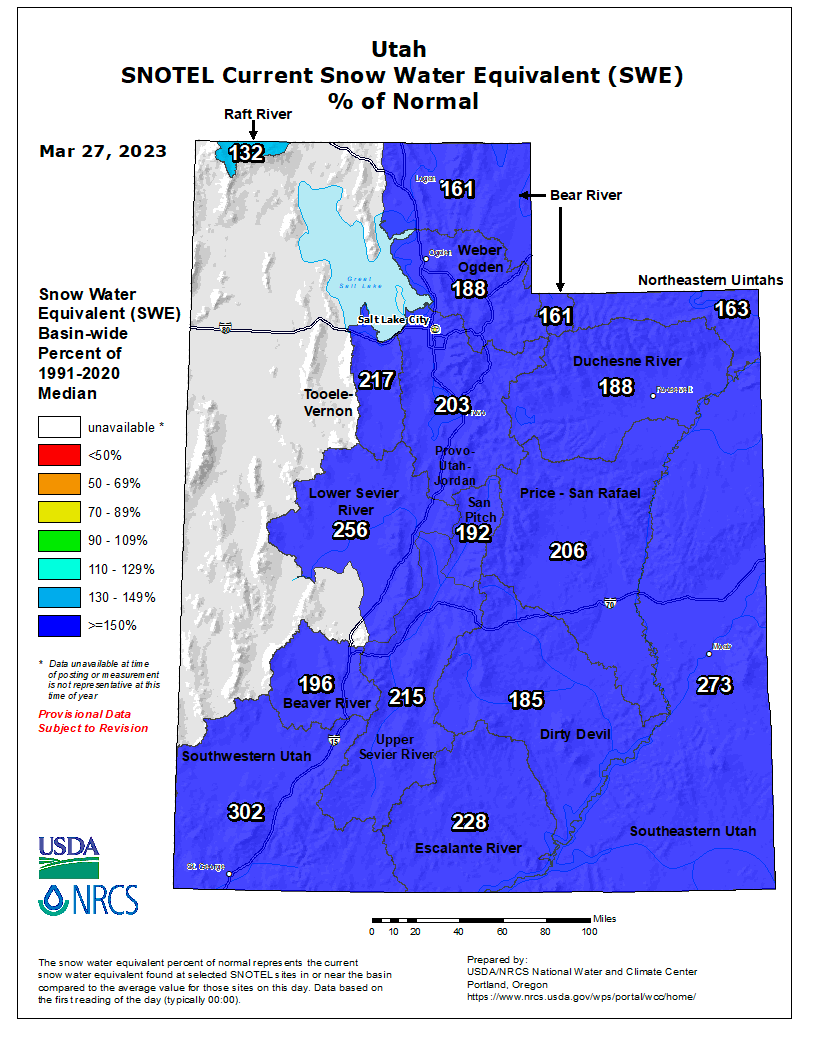 Map of Utah showing excellent SWE values across most of the state. (source: USDA)