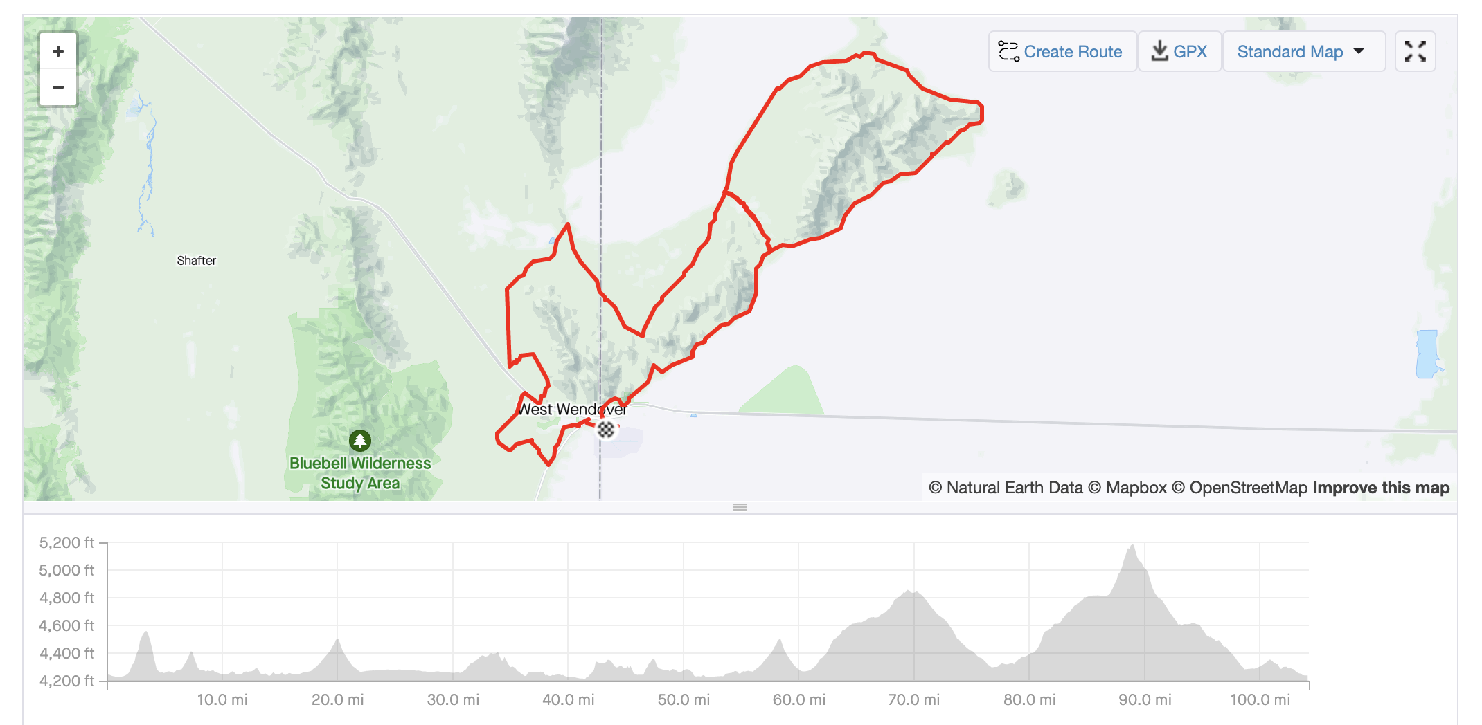 The Salty Lizard 100 "Revenge of the Death Squirrel" route and elevation profile.