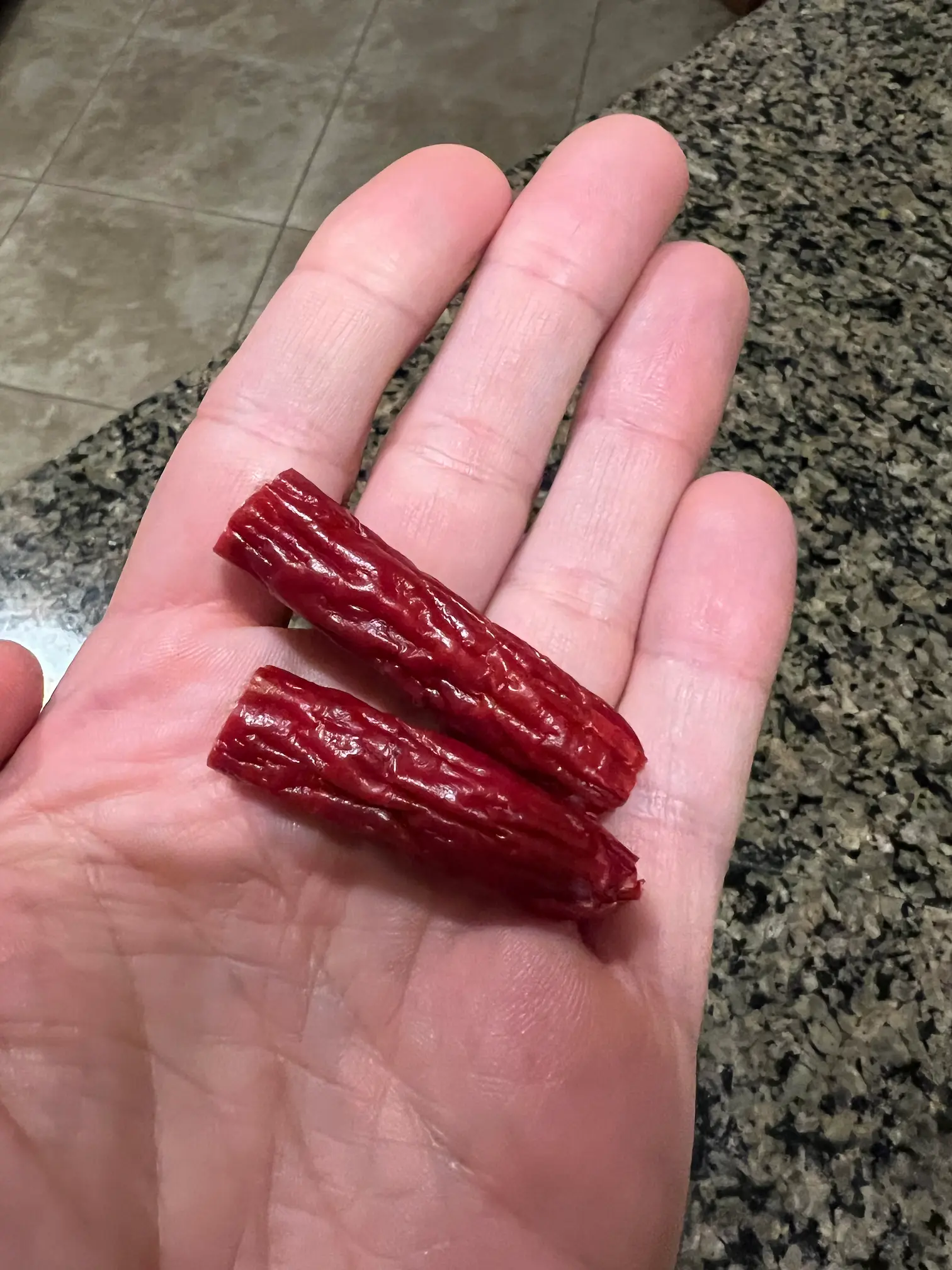 Pre-portioned beef jerky sticks that I kept in my top-tube bag.
