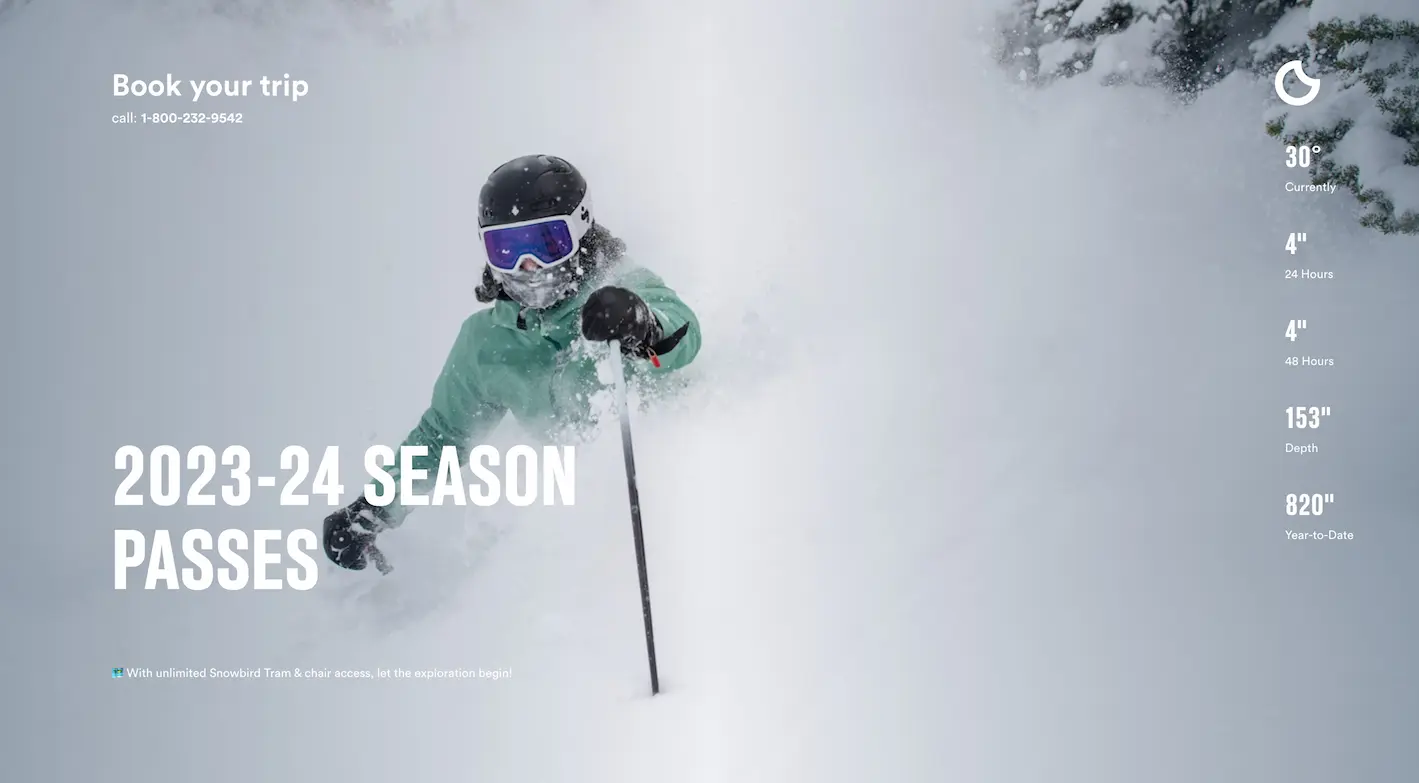Screenshot of the Snowbird Season Pass website for the 2023-24 ski season