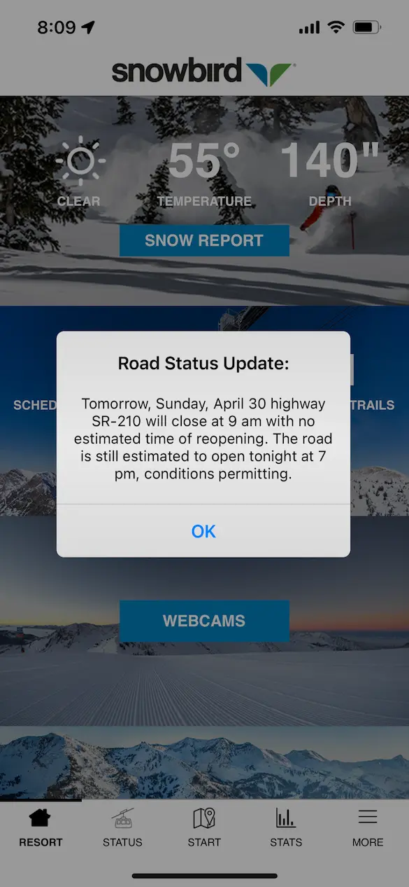 Screenshot of Snowbird's app announcing yet another long-term road closure