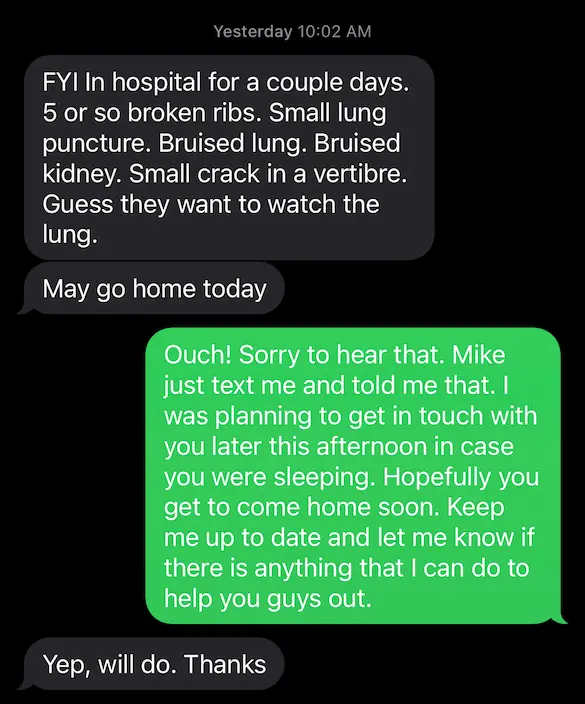 Text message describing the injuries that one of Keith's friends sustained during a recent mountain bike ride