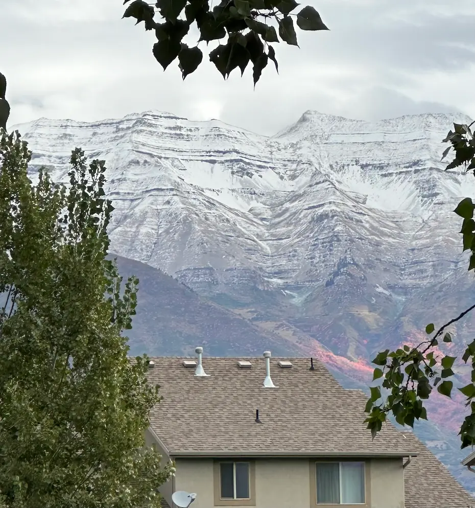 A view of a snow-covered Mount Timpanogos on October 2nd, 2023