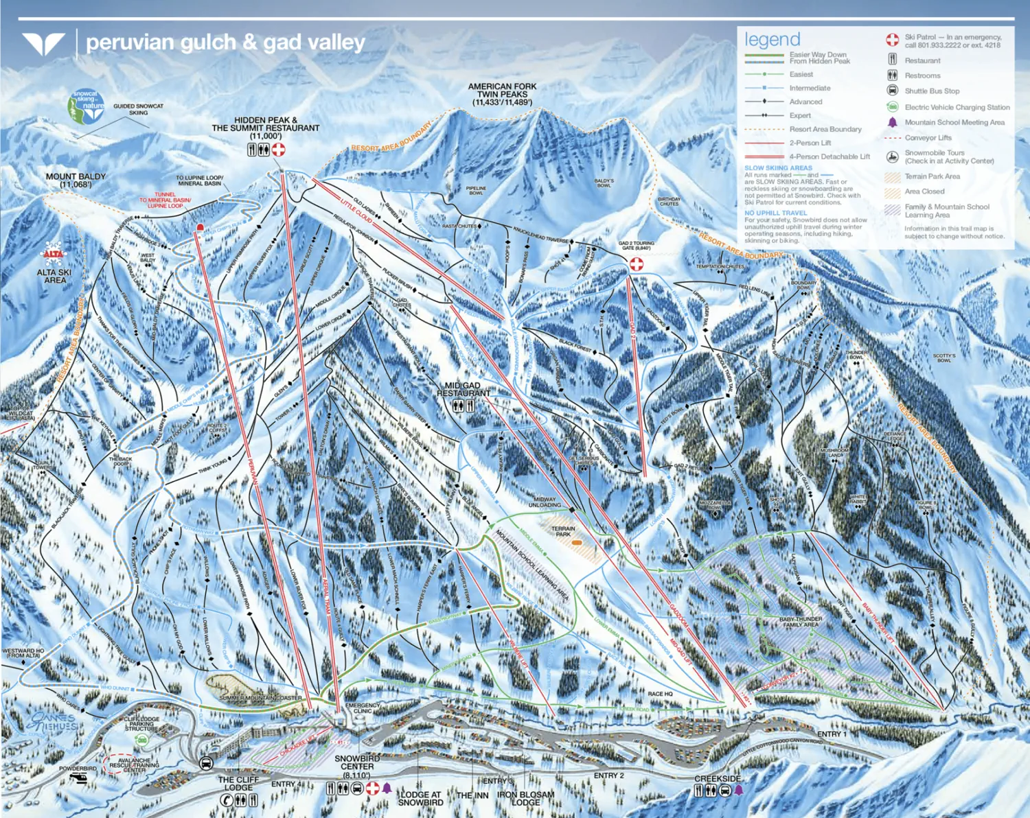 Snowbird Ski Resort trail map (Peruvian Gulch and Gad Valley areas)