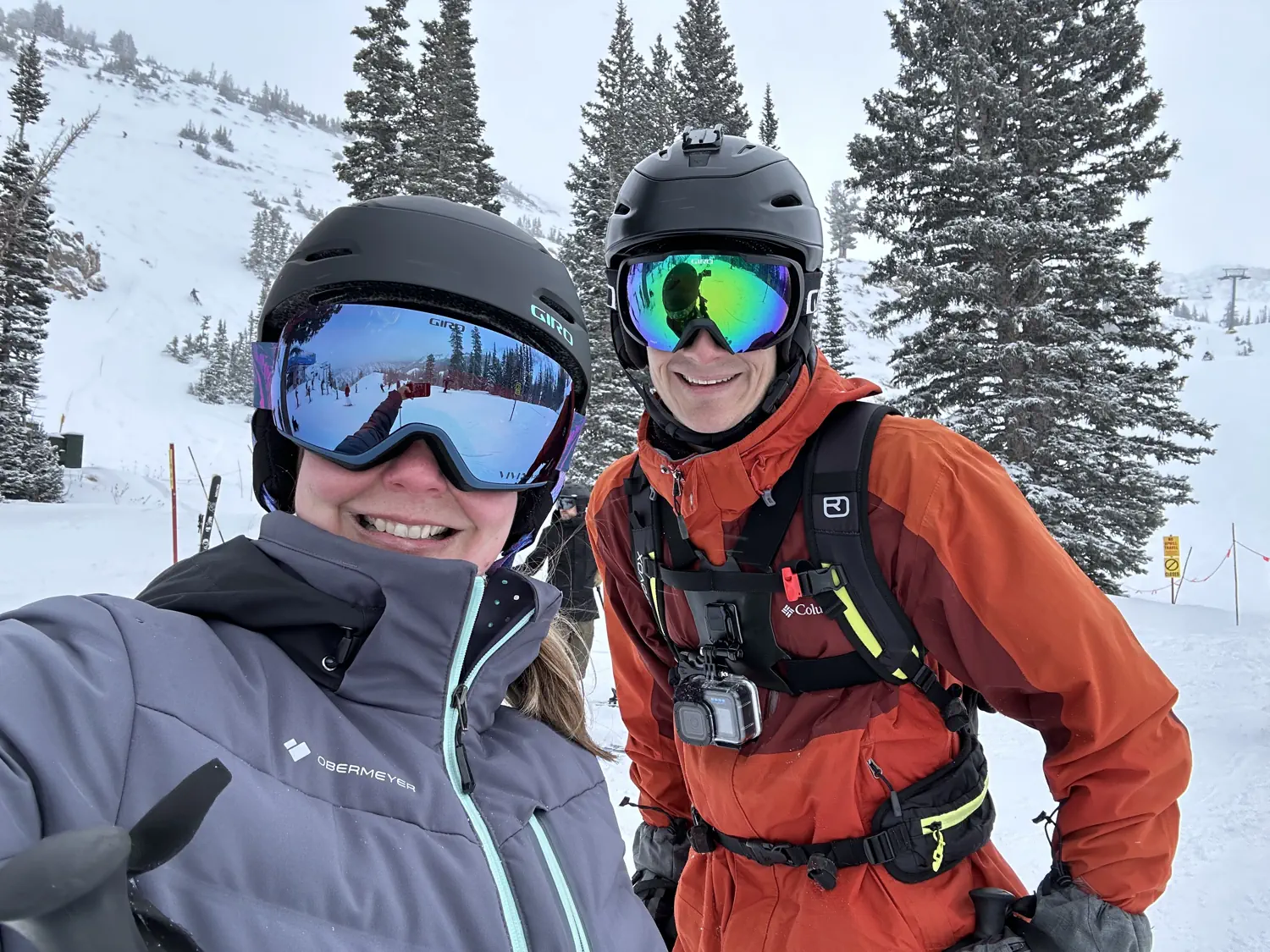 Keith and Lindsey are taking a selfie at the top of the Gadzoom lift at Snowbird
