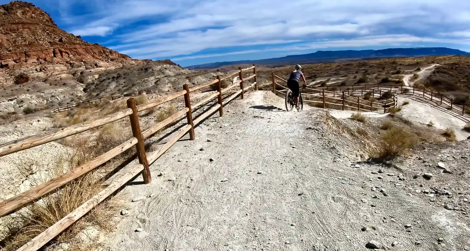 Lindsey is descending the Bearclaw Poppy trail system on her mountain bike