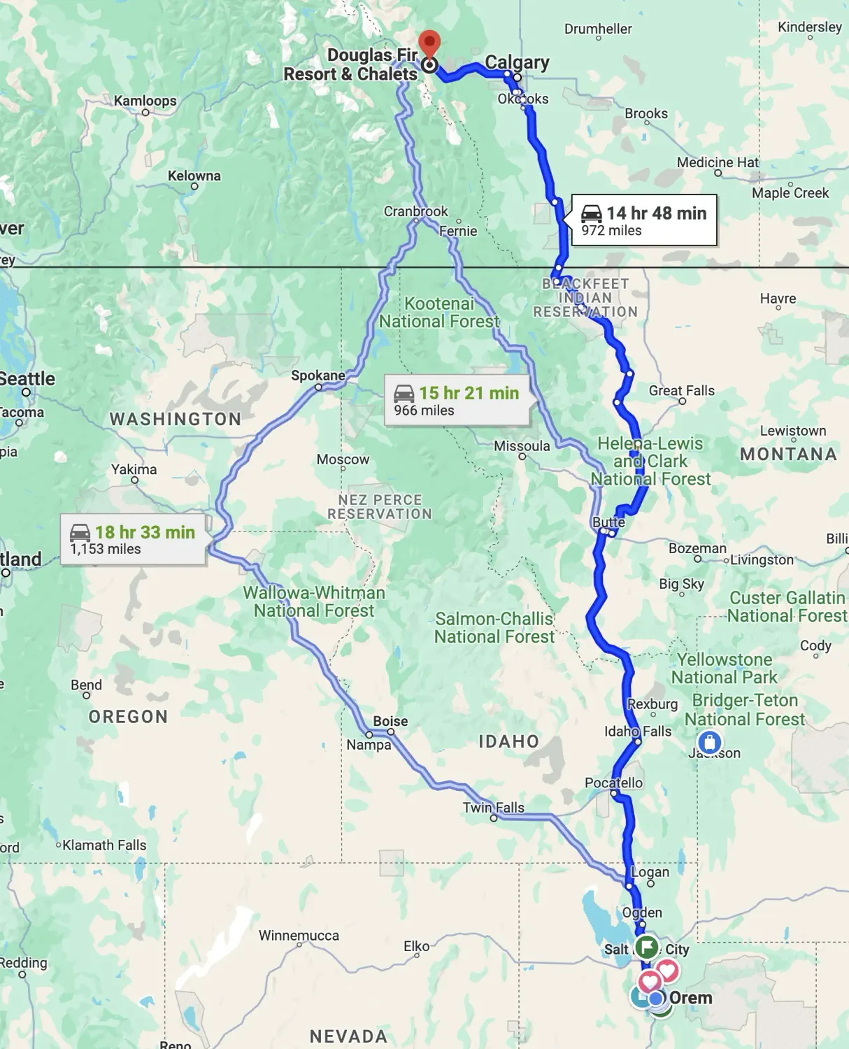 Our planned driving route from Orem, UT to Banff, AB