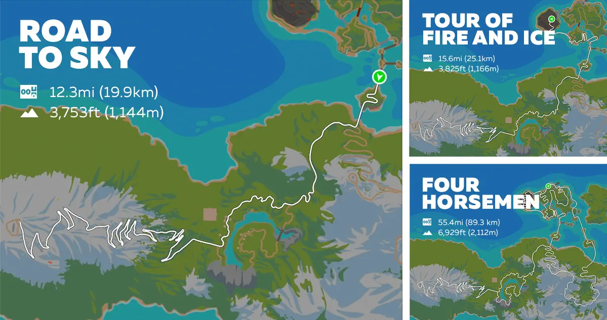 The various Zwift route options to climb the infamous Alpe Du Zwift virtual mountain