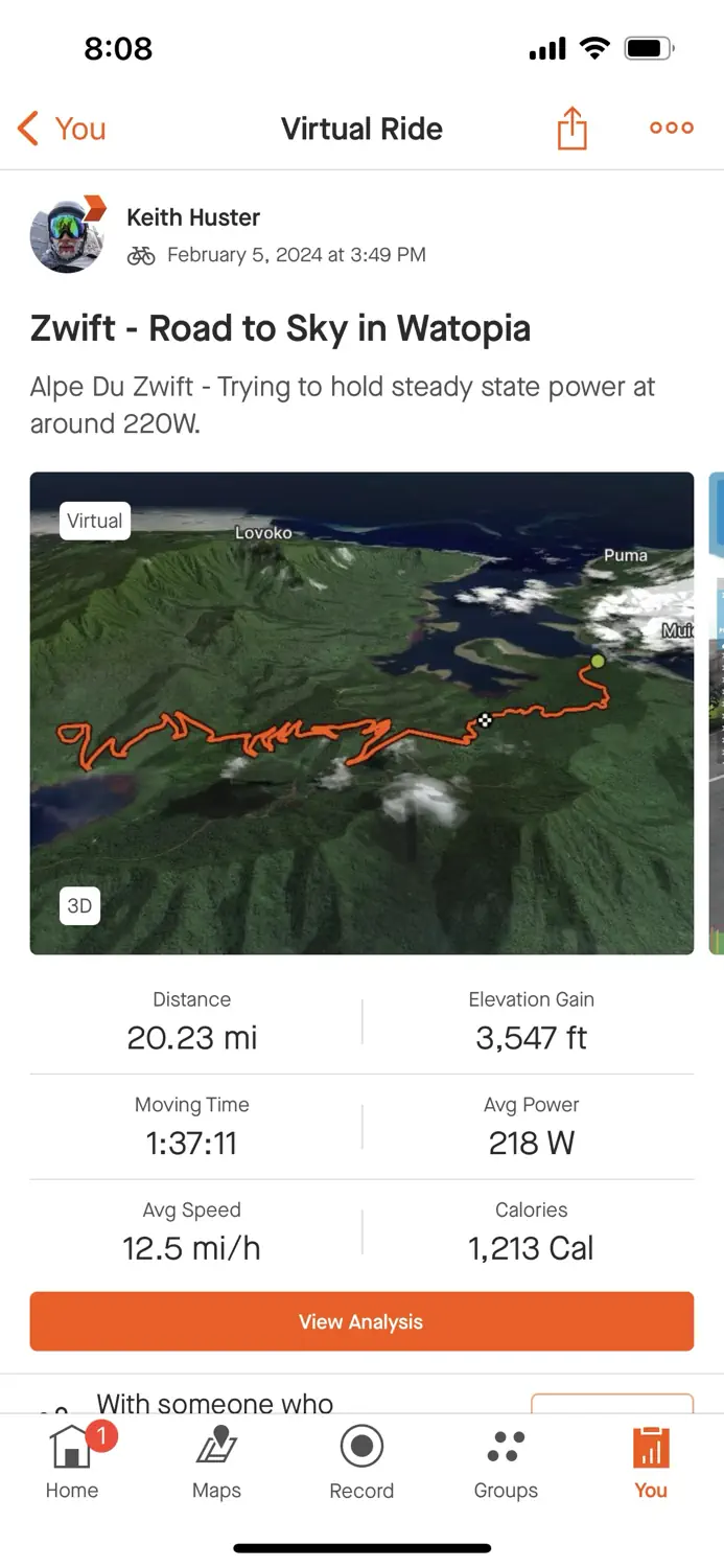 Keith's Stava activity for the Zwift Road to the Sky route