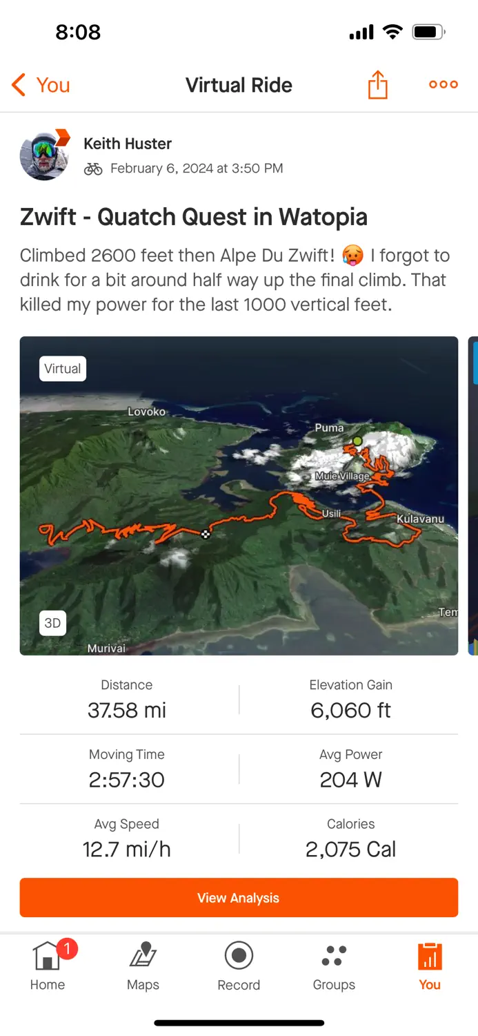 Keith's Stava activity for the Zwift Quatch Quest route