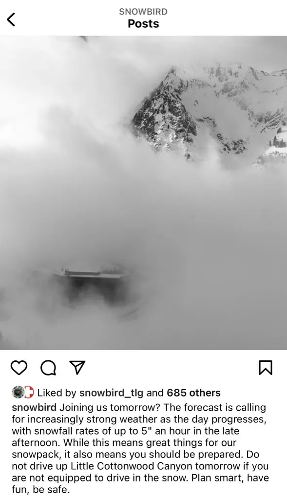 Screenshot of a Snowbird social media post describing expected heavy snowfall