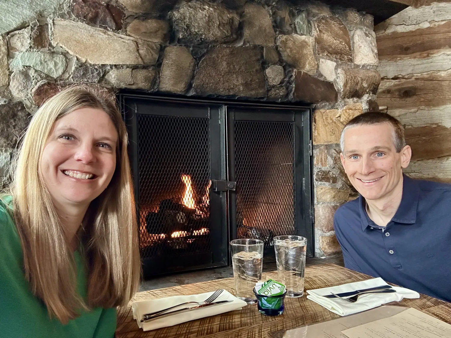 We are seated next to a fireplace during the Easter Foundry Grill Brunch at Sundance Mountain Resort