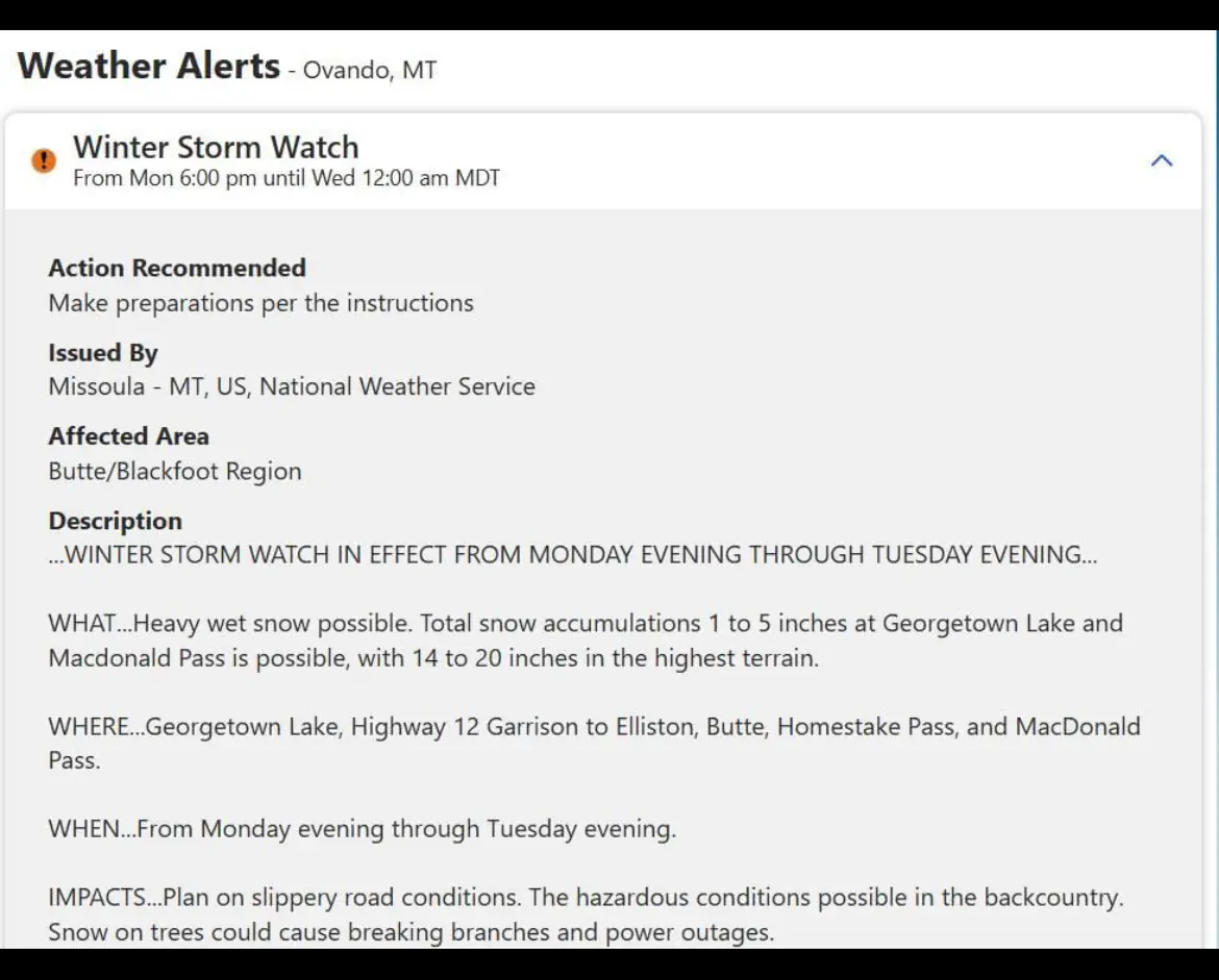 Special weather alert for northern Montana calling for cold temperatures and potentially heavy snowfall