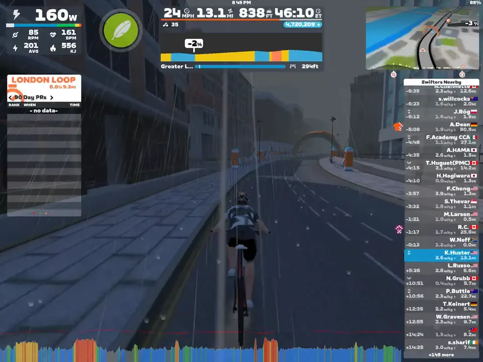 Keith is riding in the virtual rain on a Zwift training course