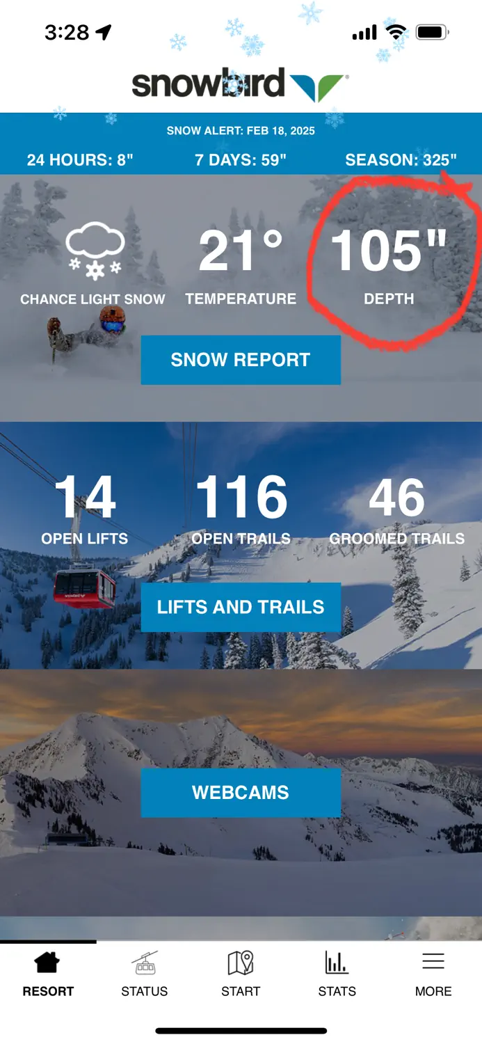 Screenshot of the Snowbird app showing the improved snow base depth.