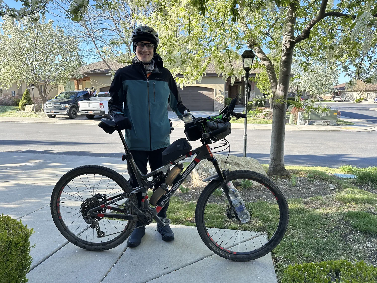 Keith is layered up for the cold in his Eddie Bauer rain jacket, Gorewear rain pants, and Pearl Izumi shoe covers