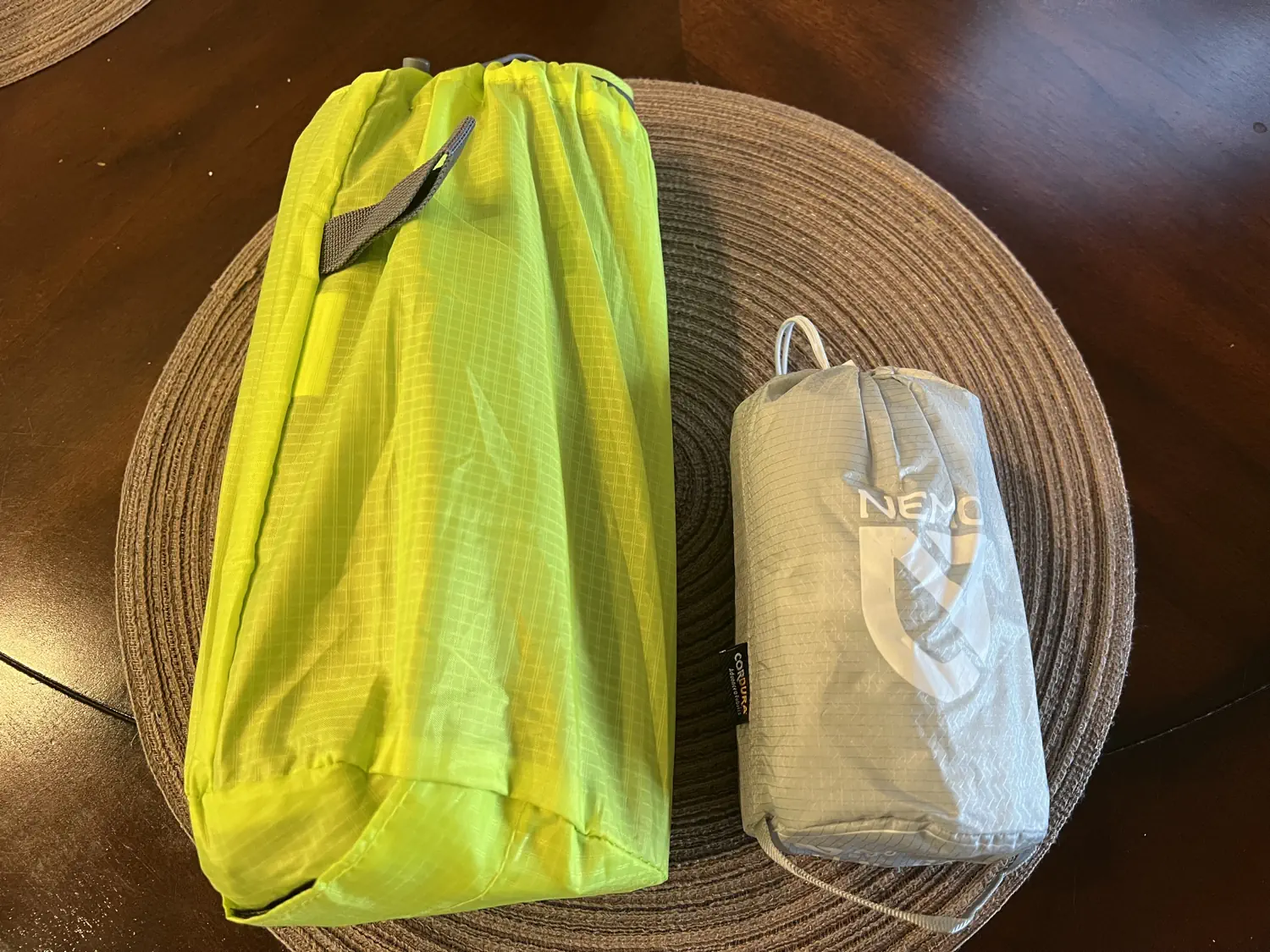 Keith's new Nemo Tensor Elite sleeping pad (right) vs his old Therm-a-Rest NeoAir sleeping pad (left)