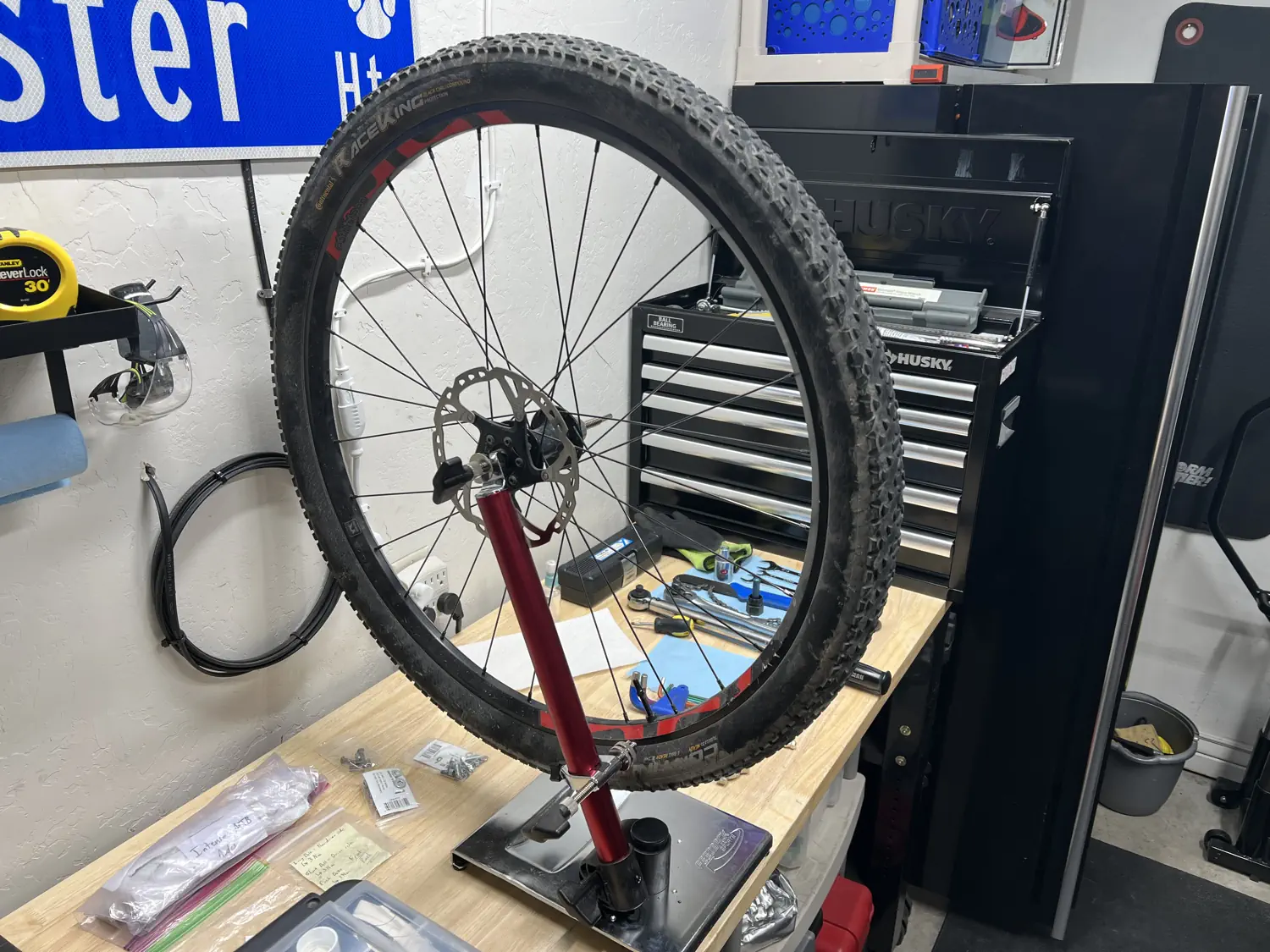 Truing Keith's front wheel the day after the crash