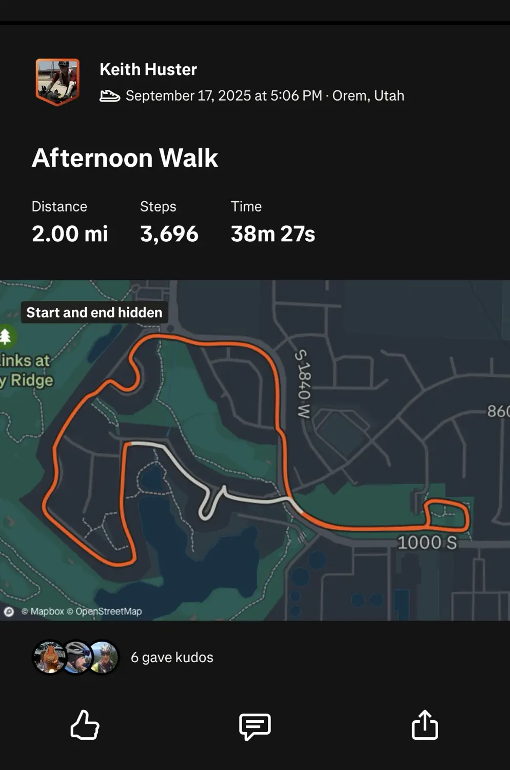 Our 2-mile neighborhood walking loop (from Strava)