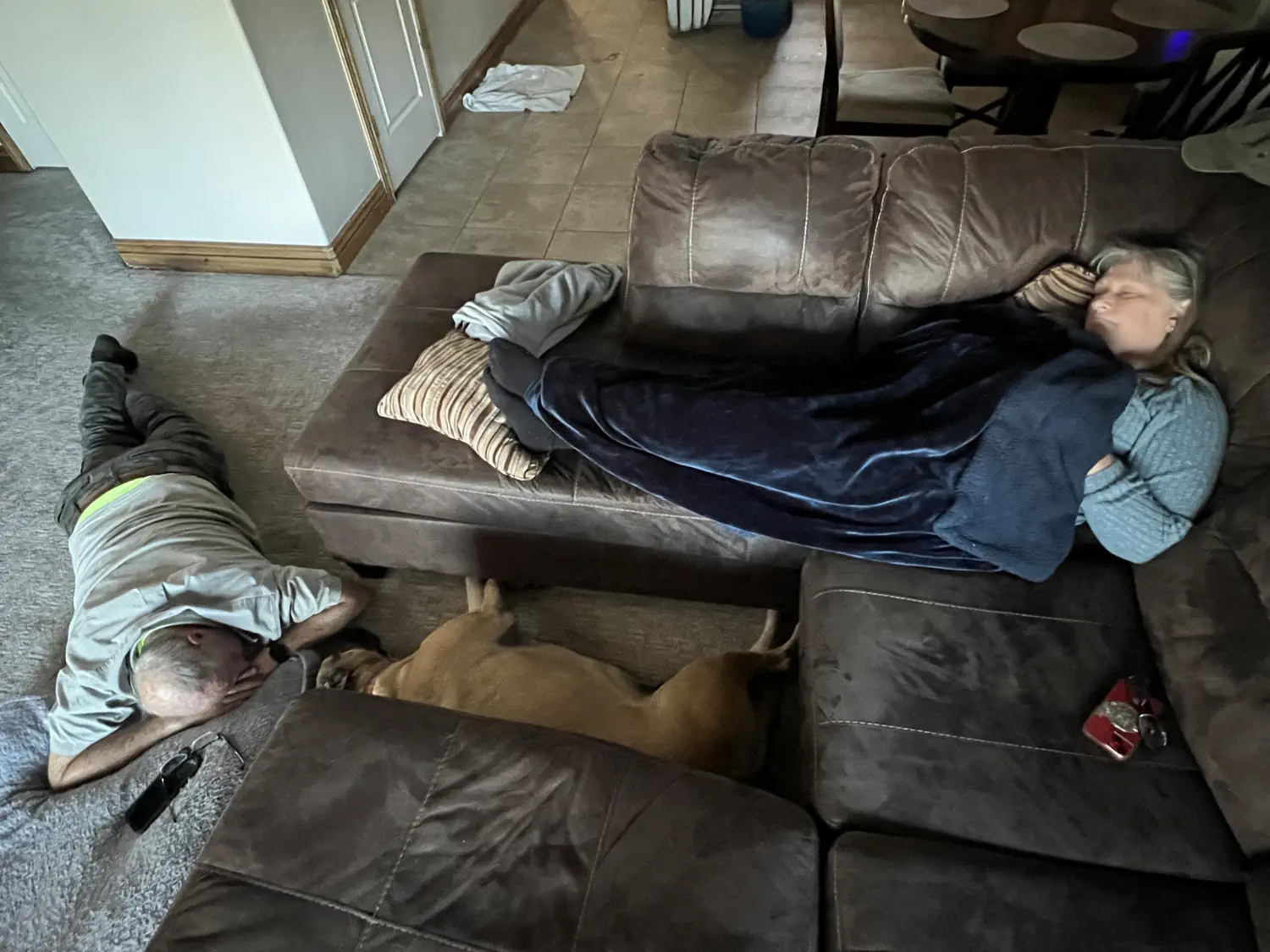 Keith's parents and their dog, Lucy, are resting after a day of playing Top Golf