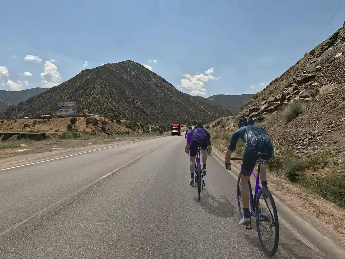 Keith is riding a virtual training course on Rouvy