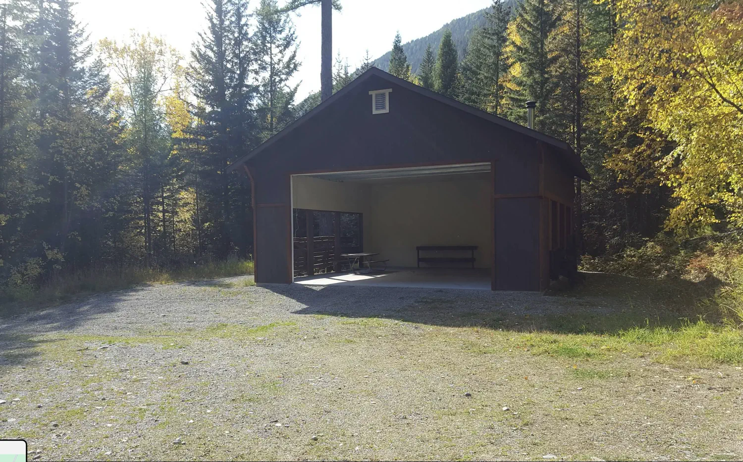 Stock photo of the open-air shelter at the Birch Creek Recreation Area outside of Eureka, MT