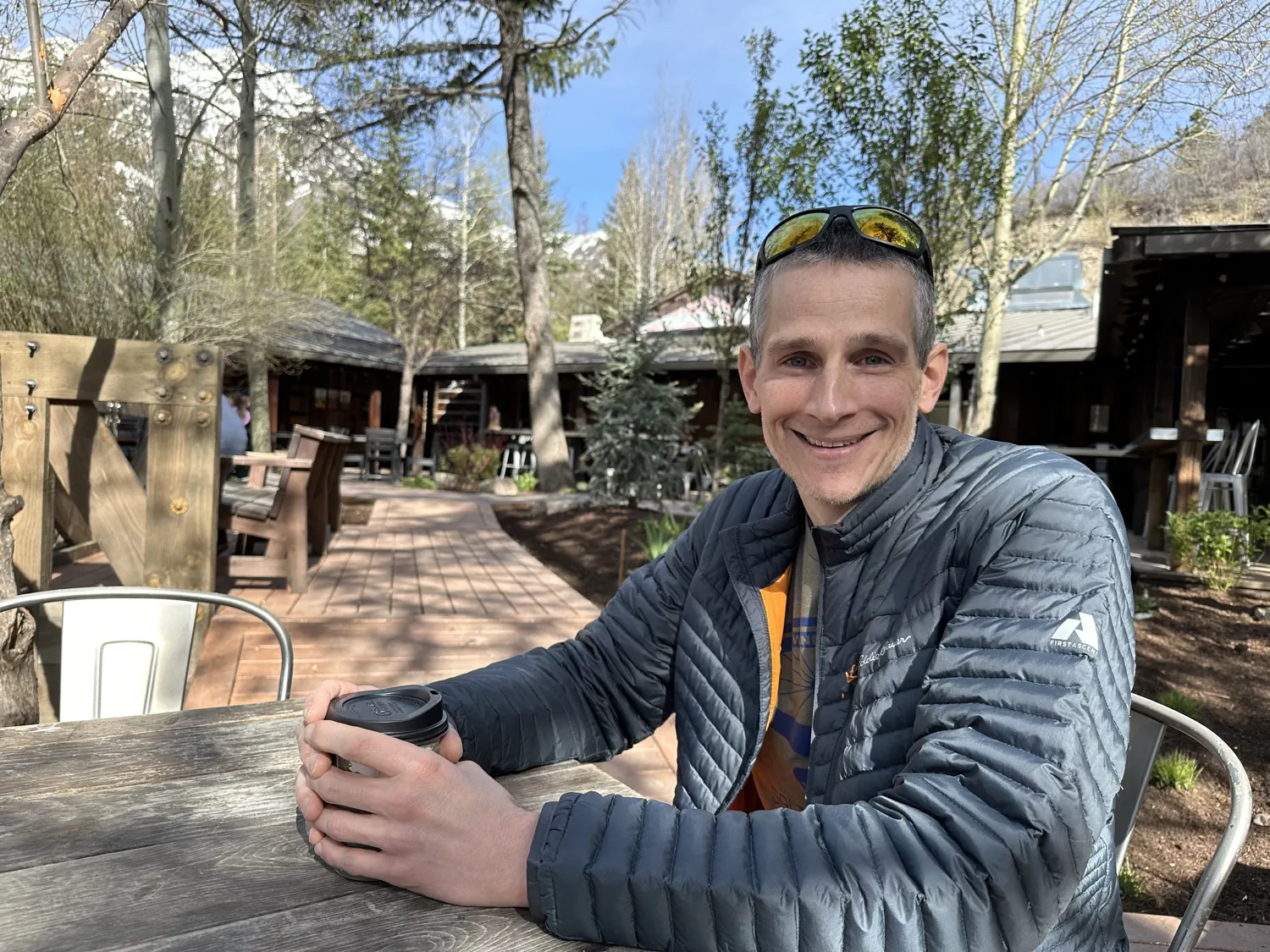 Keith is wearing the Eddie Bauer packable puffer jacket that he took on the 2025 Tour Divide