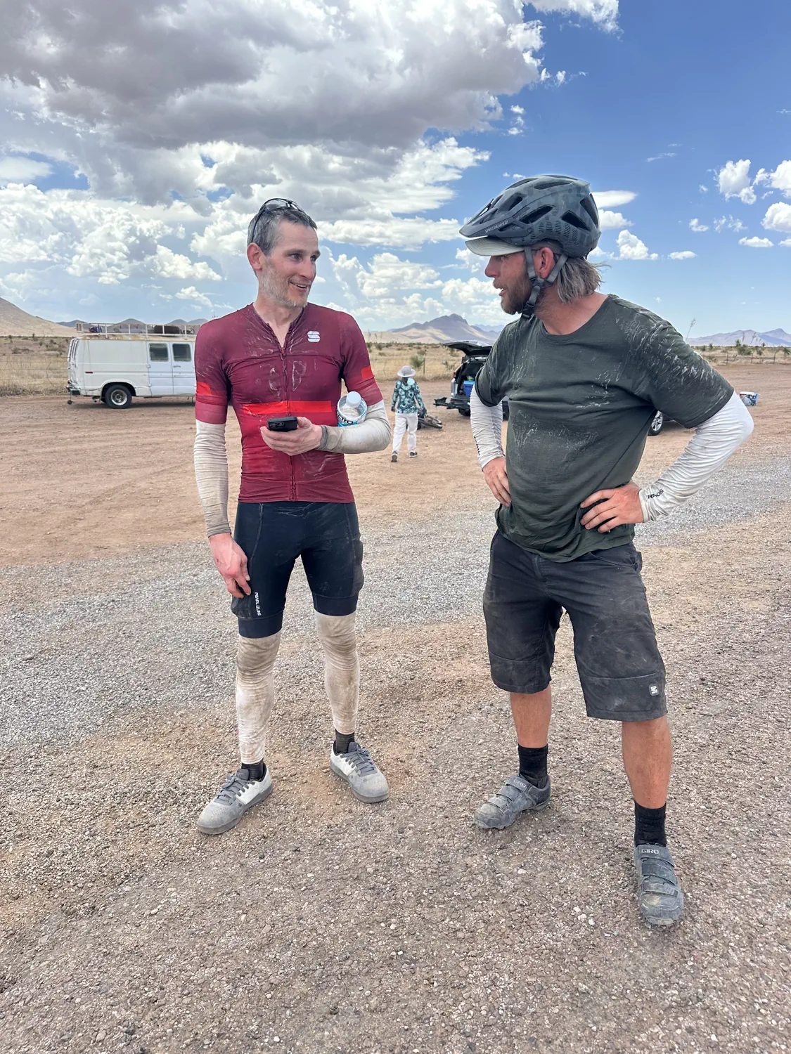 Keith is in his daily riding gear at the end of the Tour Divide race. His gear is quite dirty!