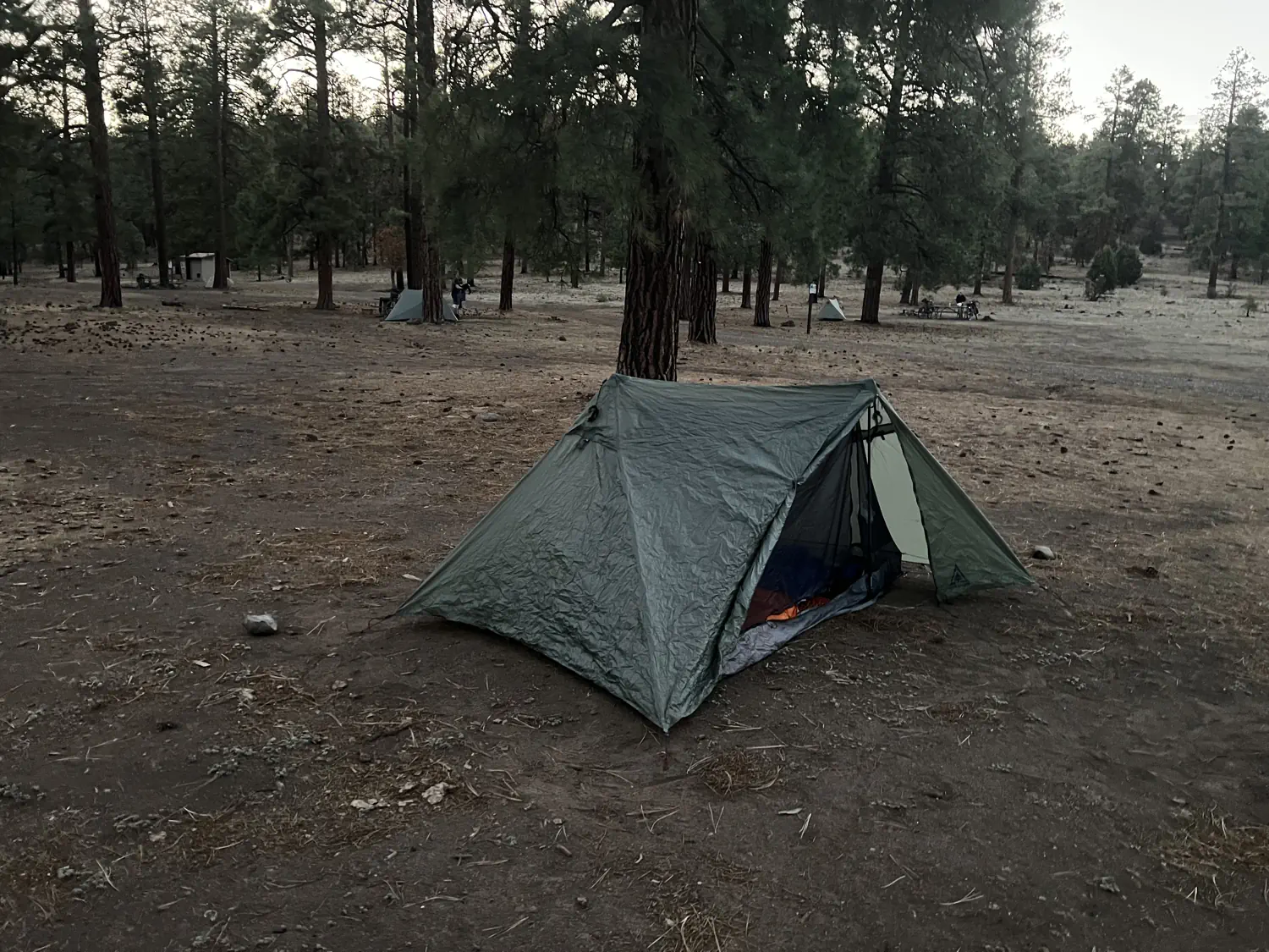 Keith's Durston X-Mid 1 ultralight tent is set up at a beautiful campground in New Mexico