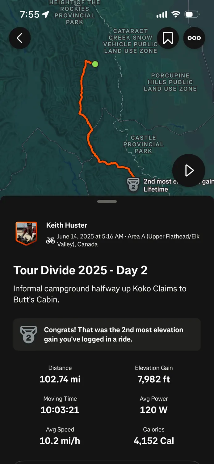 Strava Ride Log - 2025 Tour Divide (Day 2)