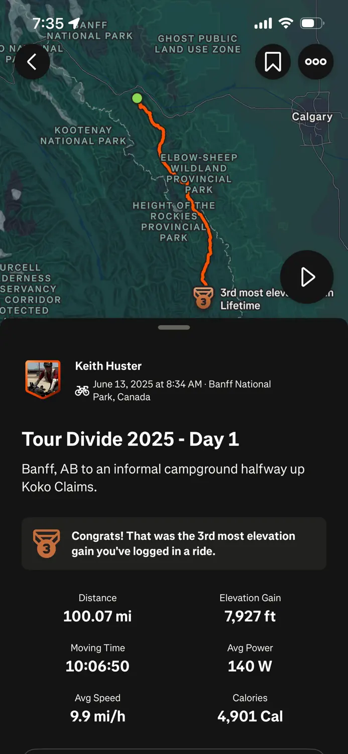 Strava Ride Log - 2025 Tour Divide (Day 1)
